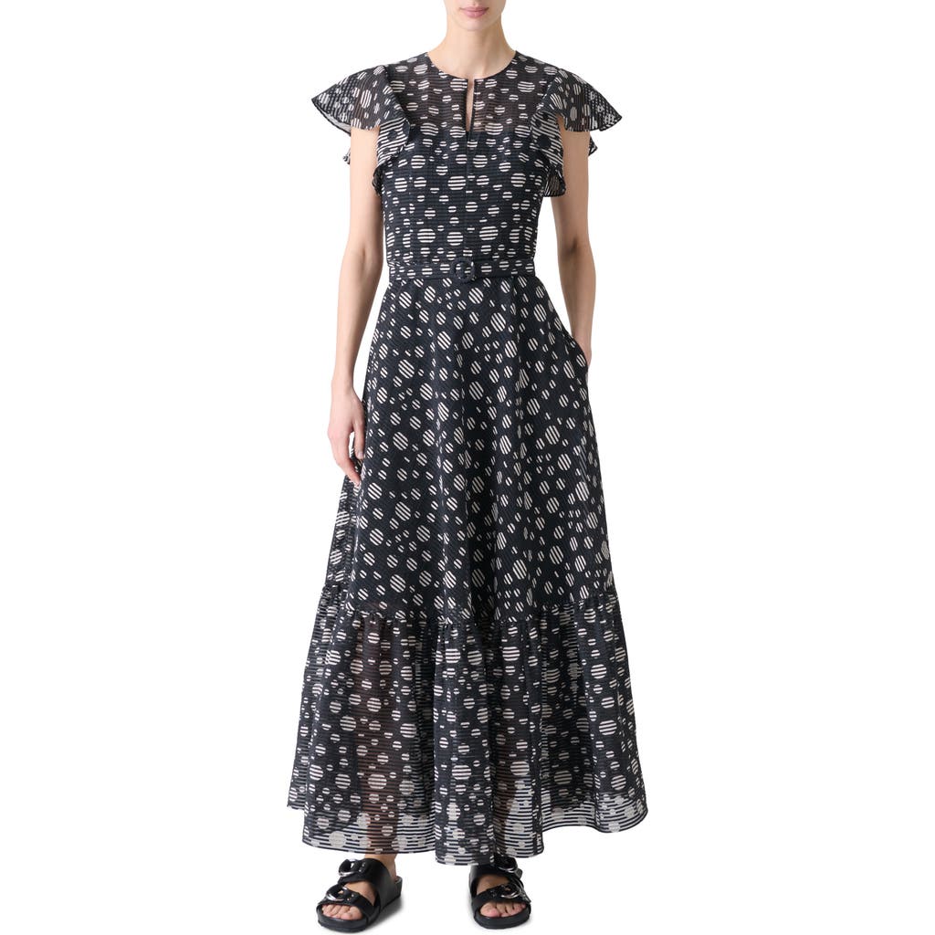 AKRIS PUNTO AKRIS PUNTO CIRCLE PRINT BURNOUT STRIPE FLUTTER SLEEVE MAXI DRESS