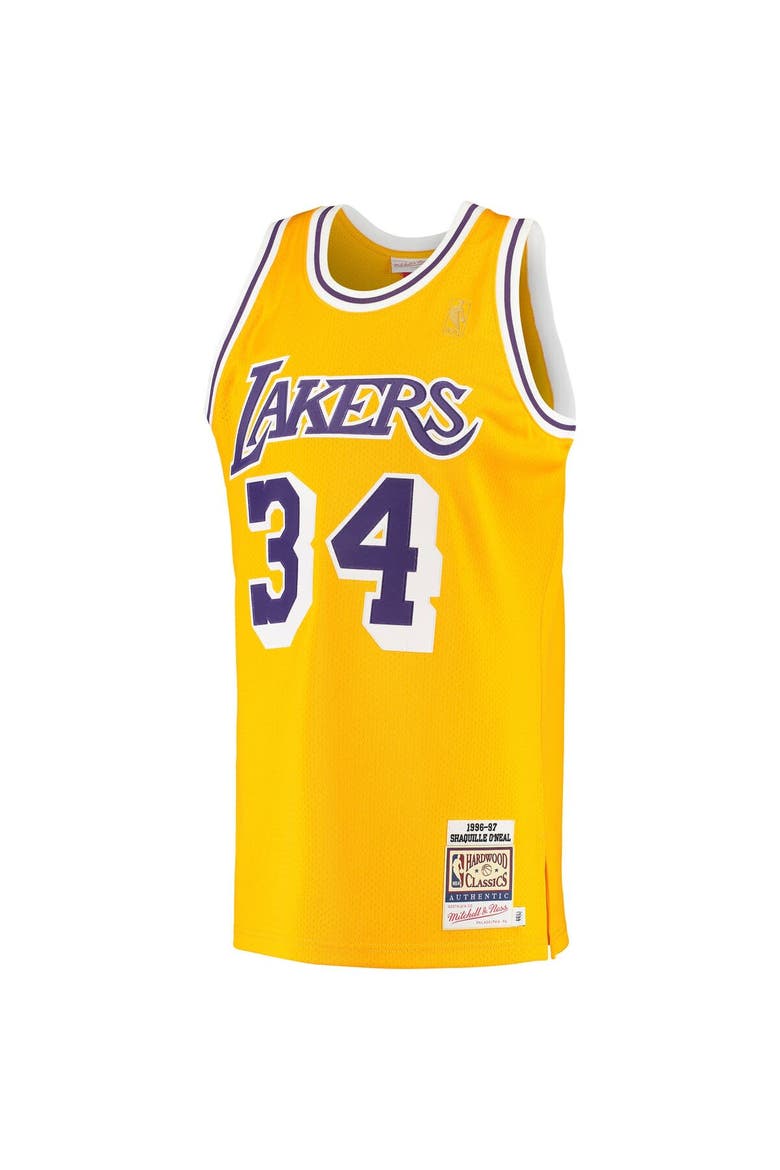 Men's Mitchell & Ness Shaquille O'Neal Gold Los Angeles Lakers 1996/97 Hardwood Classics Authentic Jersey, Alternate, color, Gold