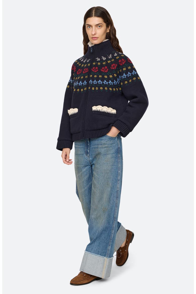 Preston Faux Shearling Lined Knit Jacket, Alternate, color, NAVY