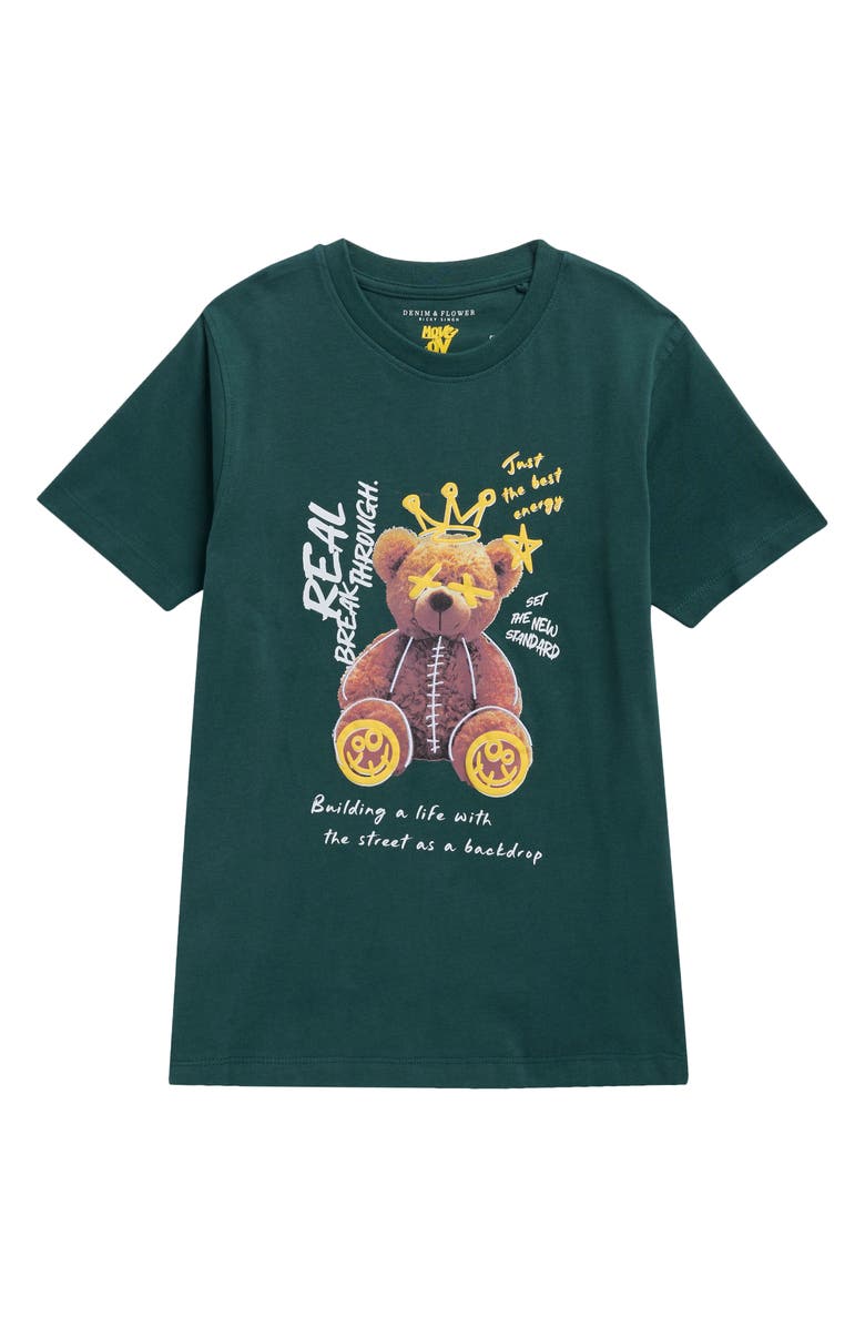 DENIM AND FLOWER Kids' King Teddy Bear Graphic T-Shirt, Main, color, Green