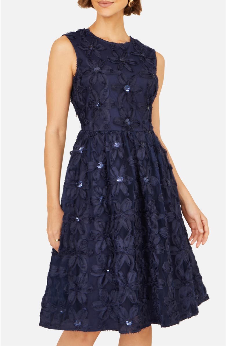 Yumi Sequin Floral Applique Skater Dress, Alternate, color, Navy