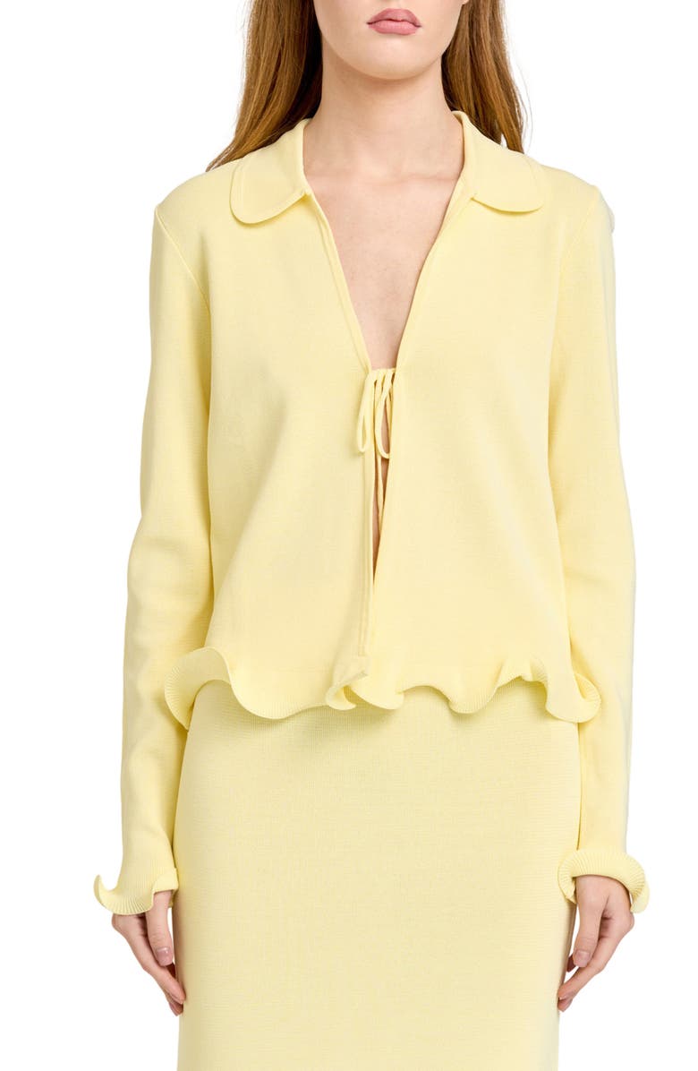 WAYF Isla Ruffle Tie Front Cardigan, Main, color, Yellow