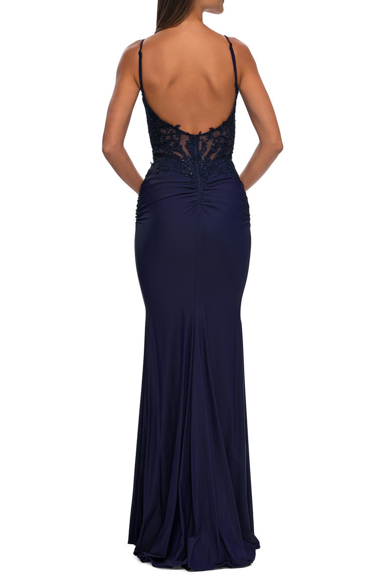 Illusion Lace V Neck Top with Jersey Skirt Dress, Alternate, color, Navy