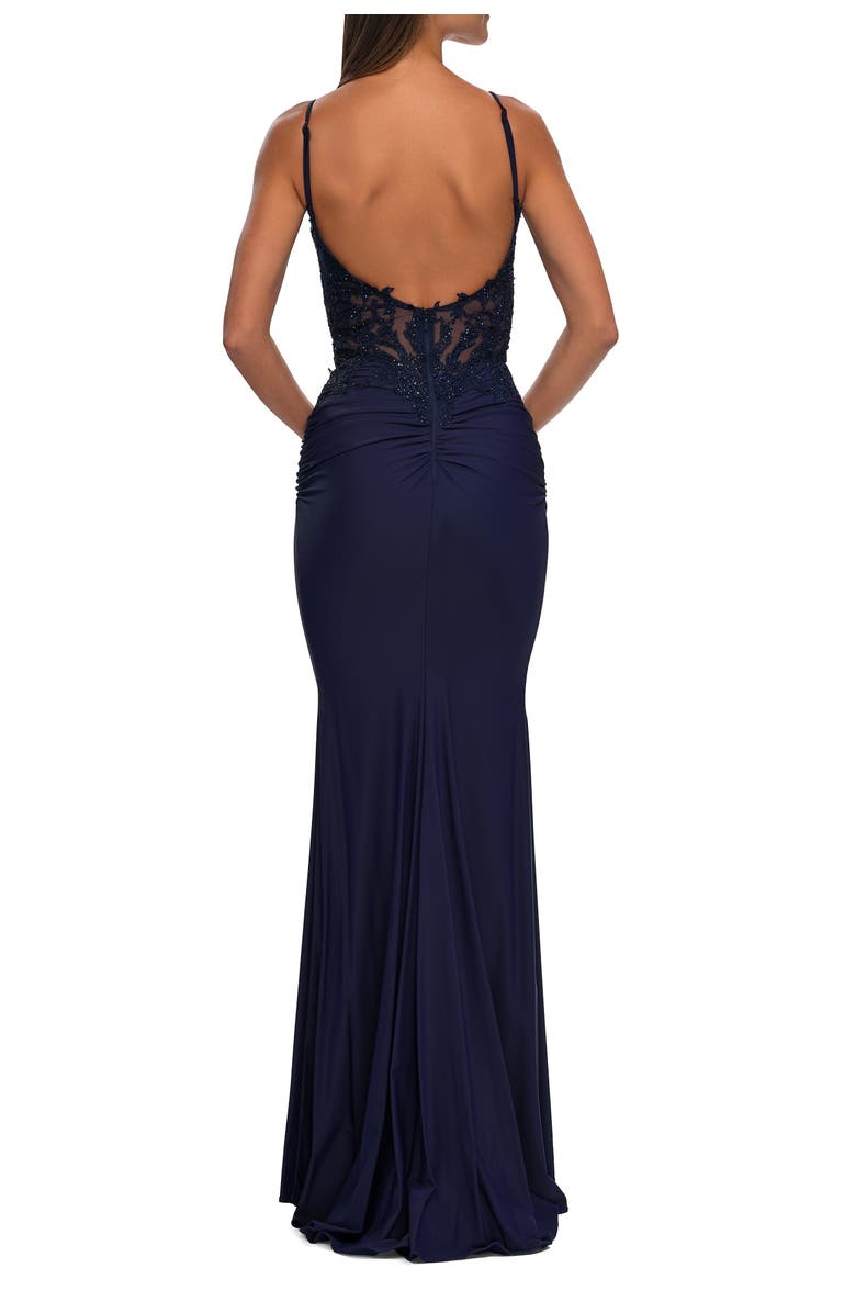 La Femme Illusion Lace V Neck Top with Jersey Skirt Dress, Alternate, color, Navy