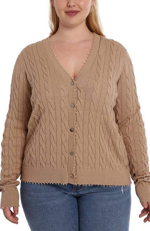 Frayed V-Neck Cable Knit Cotton Cardigan (Plus)