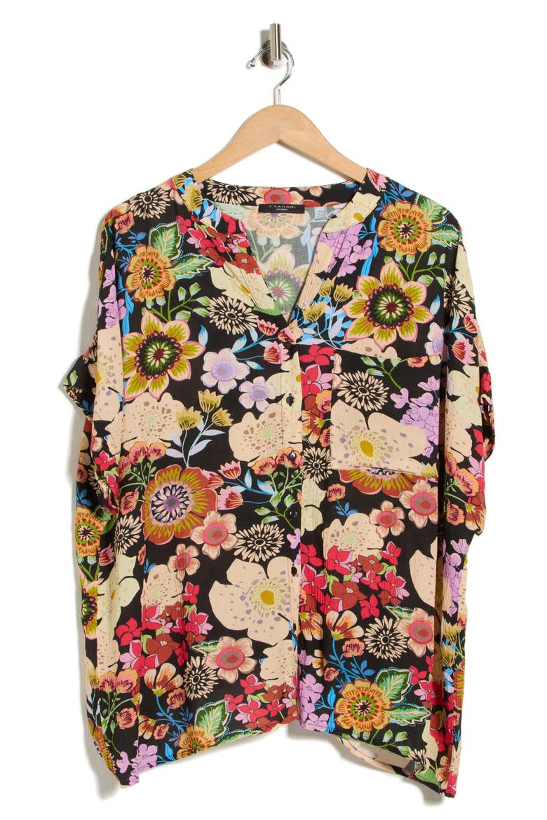 Elbow Sleeve Button-Up Shirt, Alternate, color, BLACK MULTI FLORAL