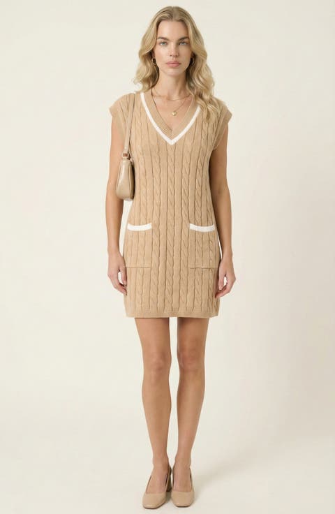 Cable-Knit Mini Sweater Dress with Pockets