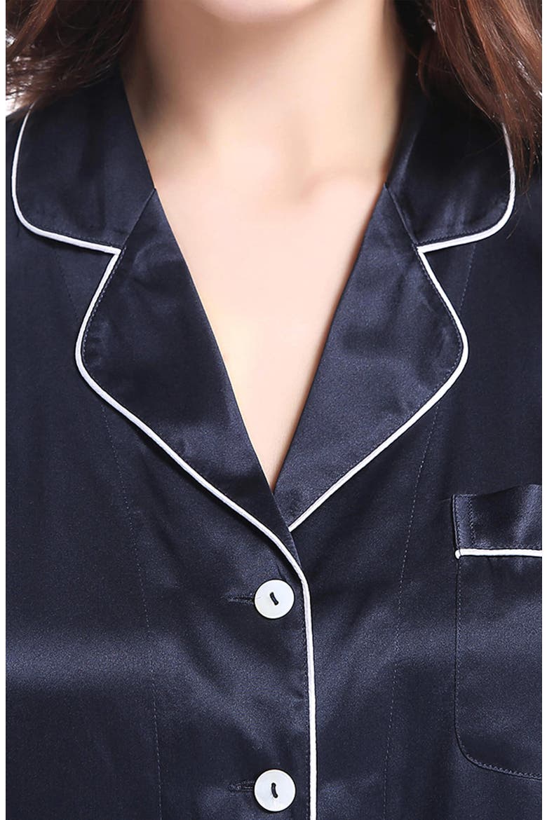Women's Chic Trimmed Silk Pajama Set, Alternate, color, Navy Blue