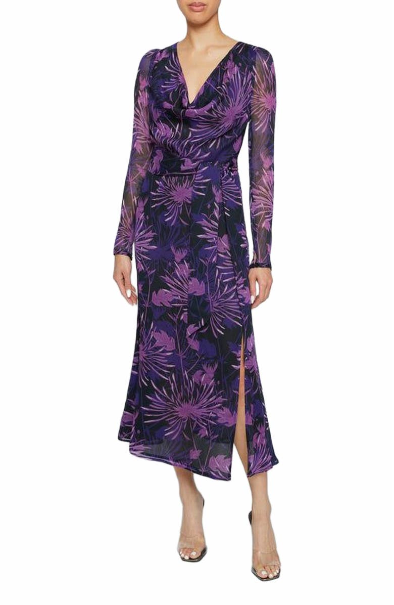 Santorelli PIPER Cowl Neck Dress in Abstract Floral Crinkled Georgette, Main, color, Cool Purple