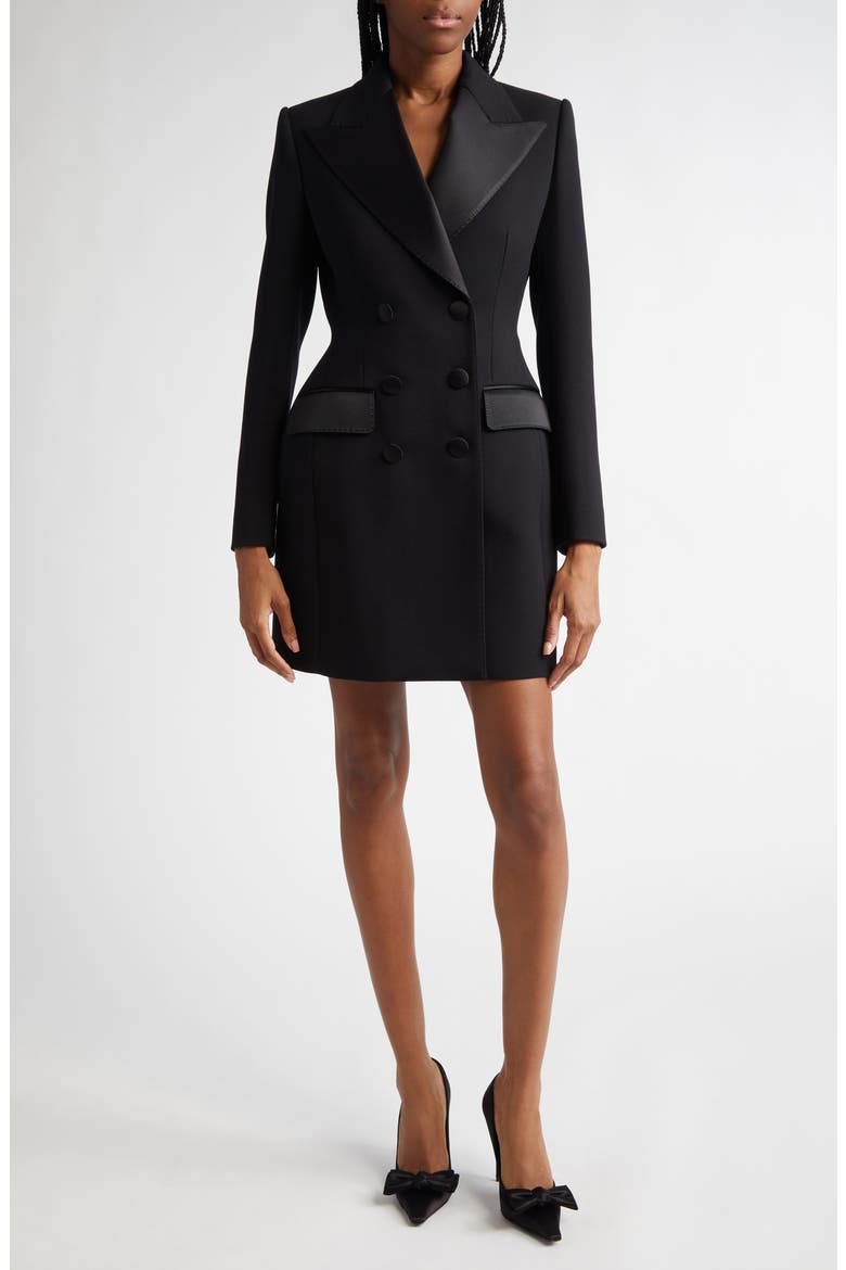 Hourglass Double Breasted Long Wool & Silk Blend Tuxedo Jacket, Main, color, NERO
