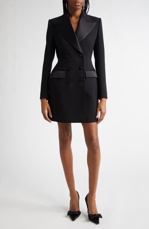 Hourglass Double Breasted Long Wool & Silk Blend Tuxedo Jacket