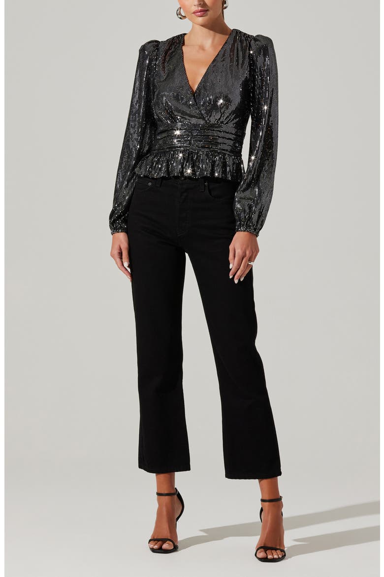Metallic Sequin Long Sleeve Peplum Top, Alternate, color, BLACK SILV