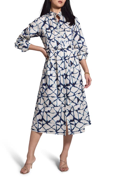 Fractured Print Long Sleeve Shirtdress