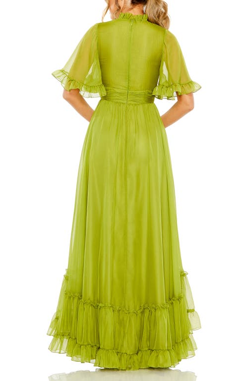 Mac Duggal Ruffle High Neck Flutter Sleeve A-line Gown In Apple Green