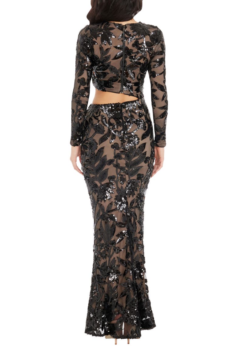 Candace Floral Sequin Cutout Long Sleeve Mermaid Gown, Alternate, color, BLACK-BEIGE