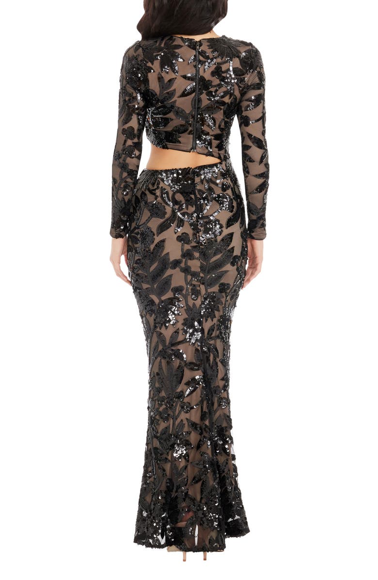 Dress the Population Candace Floral Sequin Cutout Long Sleeve Mermaid Gown, Alternate, color, Black-Beige