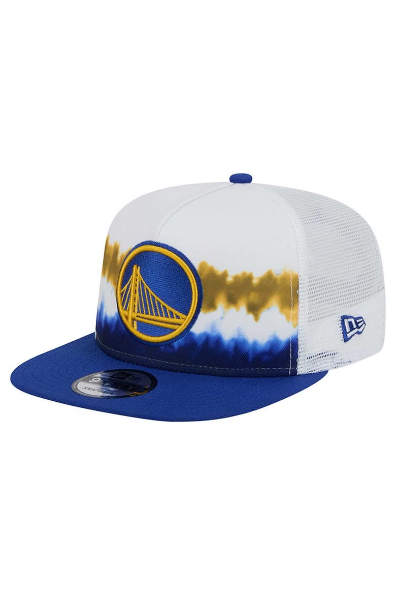 Men's New Era White/Royal Golden State Warriors Dip-Dye 9FIFTY A-Frame Trucker Snapback Hat, Main, color, White