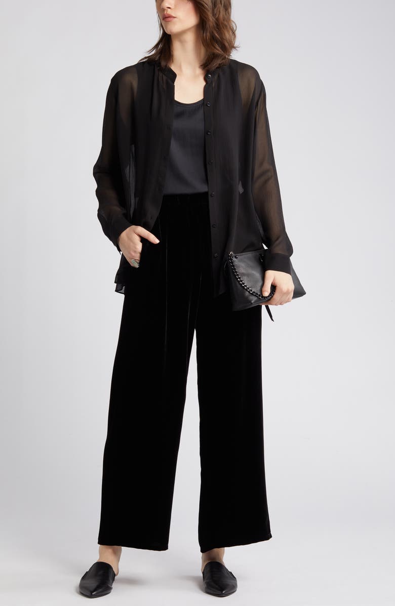 Eileen Fisher Sheer Mandarin Collar Silk Shirt, Main, color,