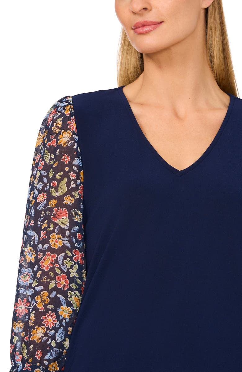CeCe Floral Sleeve V-Neck Mixed Media Top, Alternate, color,