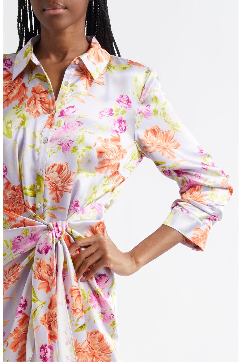 Jacy Ruched Sleeve Tie Waist Satin Shirtdress, Alternate, color, PALE LAVENDER MULTI