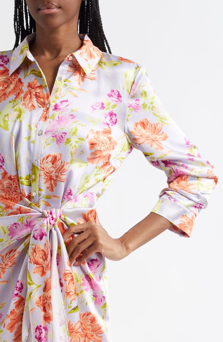 Cinq à Sept Jacy Ruched Sleeve Tie Waist Satin Shirtdress, Alternate, color, Pale Lavender Multi
