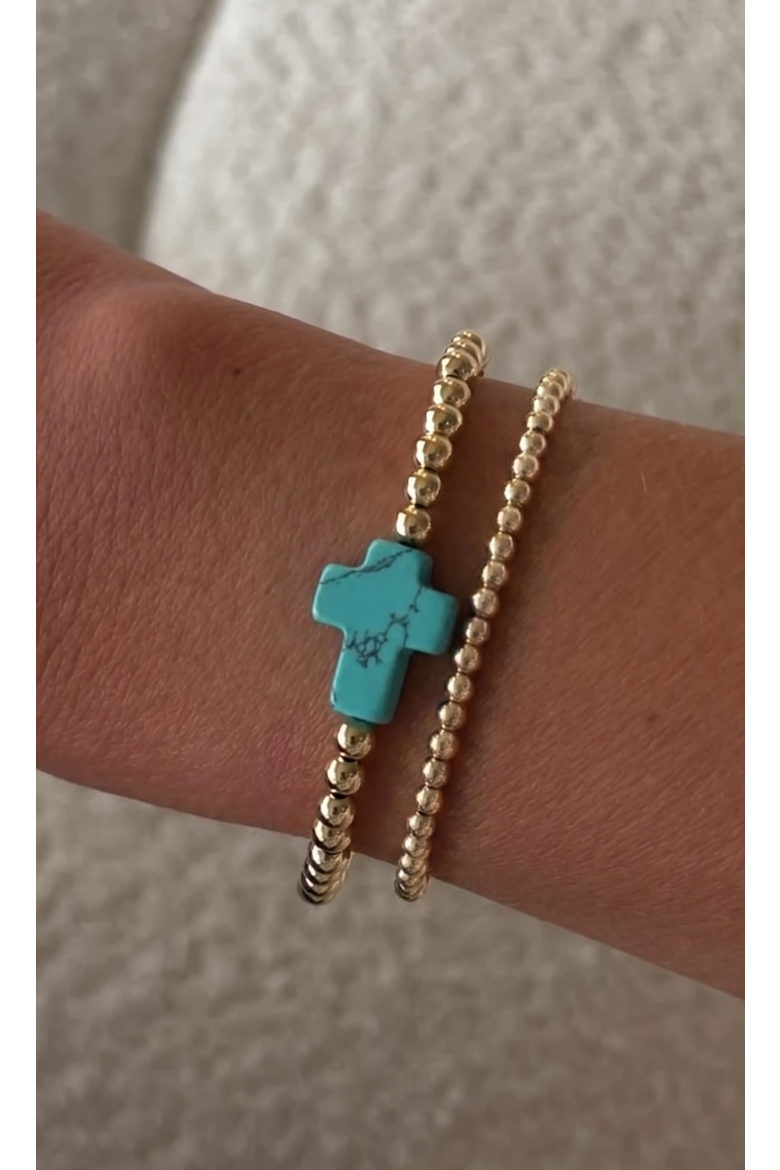turquoise cross juno 14k gold filled bead bracelet two stack, Alternate, color, Gold