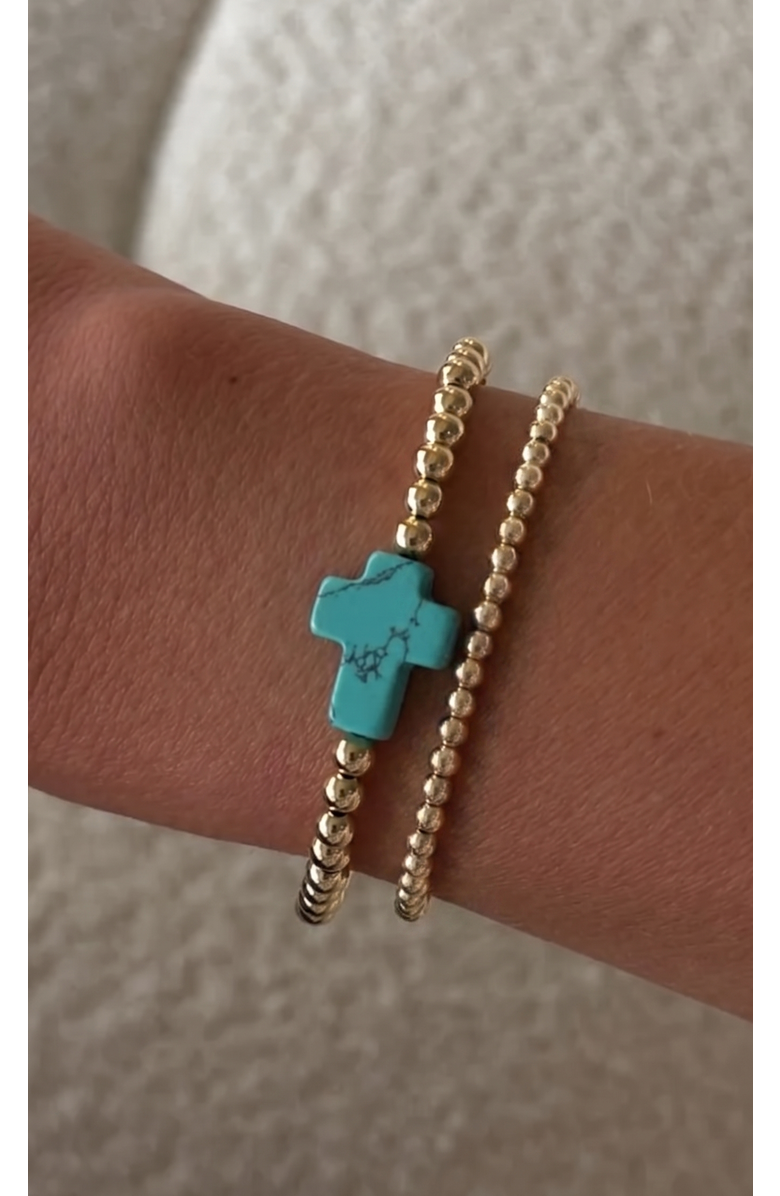 CUFFED BY NANO turquoise cross juno 14k gold filled bead bracelet two stack, Alternate, color, Gold