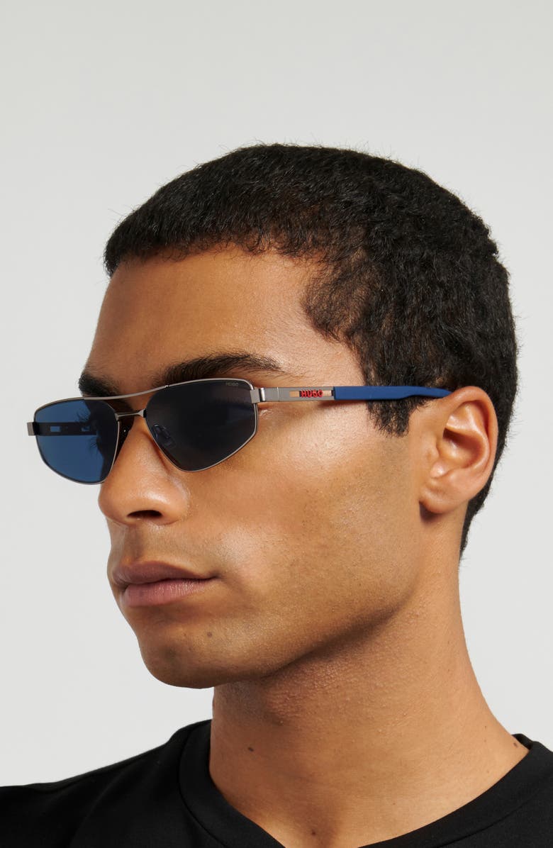 HUGO 58mm Rectangular Geometric Sunglasses, Alternate, color, Matte Ruthenium/ Blue