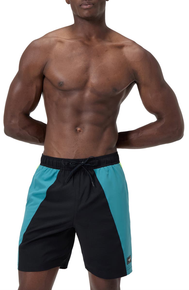 Speedo<sup>®</sup> Redondo Edge Colorblock Volley Swim Trunks, Main, color, Black