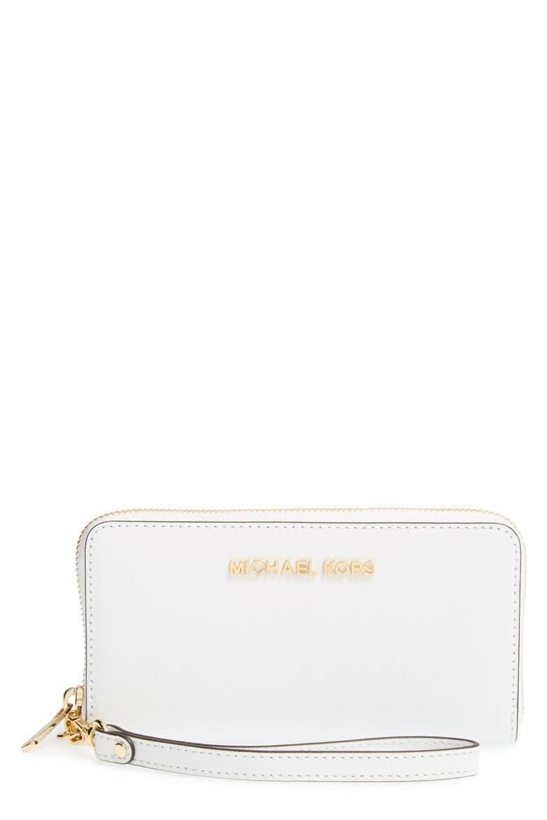 'Large Jet Set' Saffiano Leather Phone Wristlet, Main, color, OPTIC WHITE