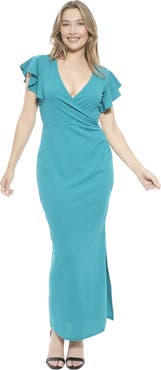 24seven Comfort Apparel Womens V-Neck Tulip Hem Ruffle Sleeve Faux Wrap Maxi Dress