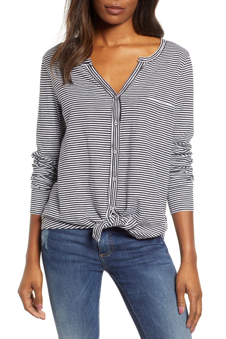 Tie Front Top, Main, color, BLACK- WHITE EVEN STRIPE