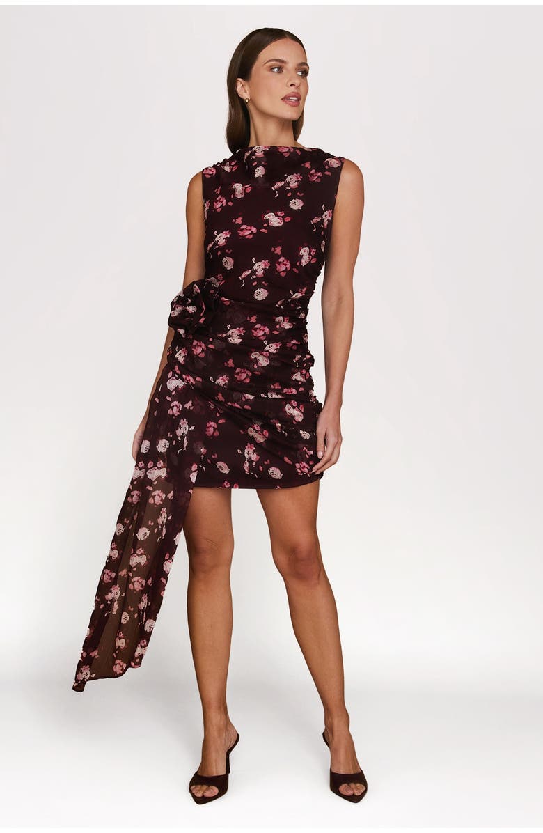 Six Stories Floral Coursage Ruched Mini Dress, Main, color, Wine