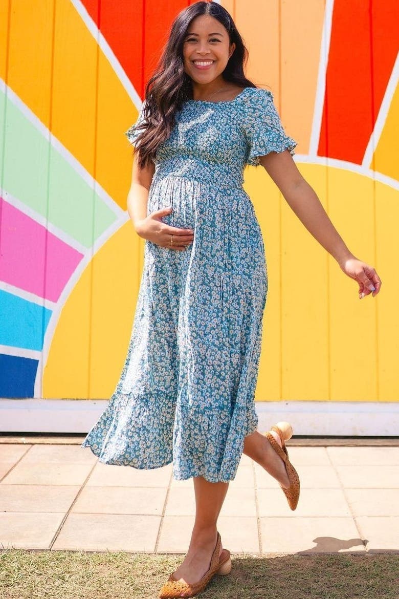 floral Ruffle Midi Dress, Alternate, color, Light Blue