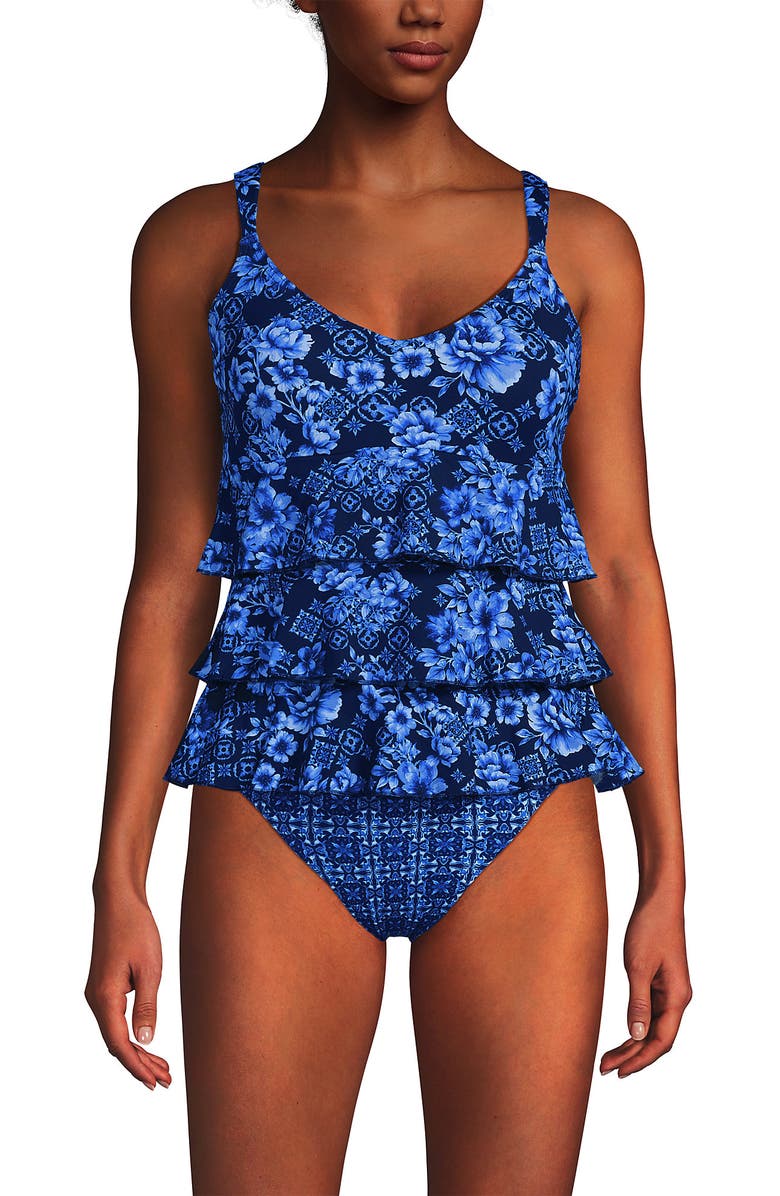 Lands' End Smoothing Control Ruffle Fauxkini One Piece Swimsuit, Main, color, Navy Mosaic Floral/Tile Mix