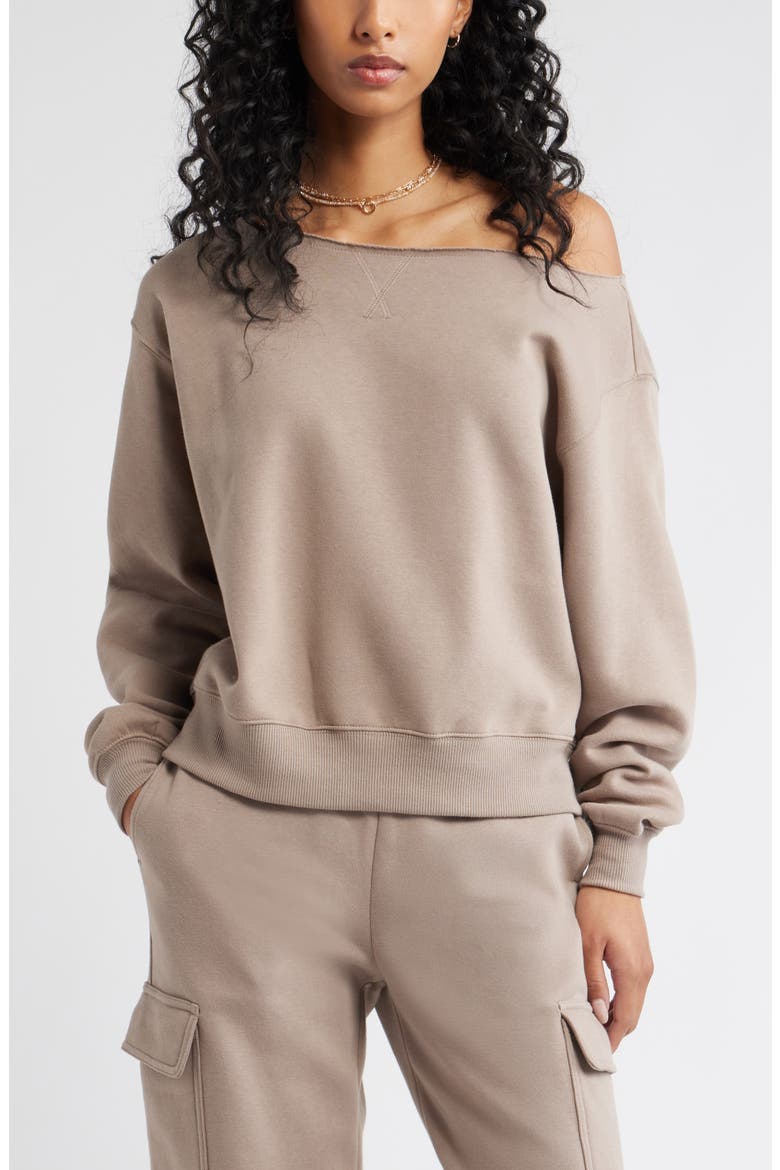 Fleece Off the Shoulder Sweatshirt, Main, color, GREY FUNGI