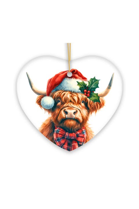 Highland Cow Santa Hat Heart Ceramic Ornament