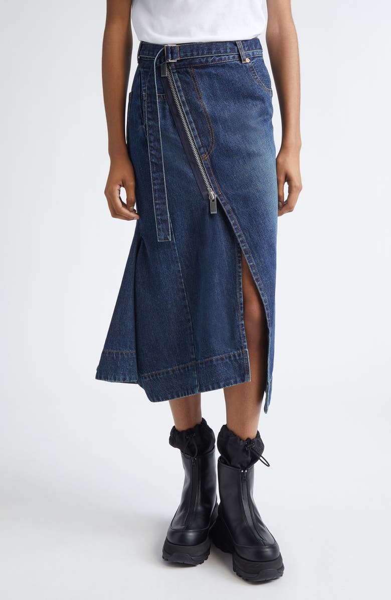 Sacai Belted Denim Midi Skirt, Main, color, Blue