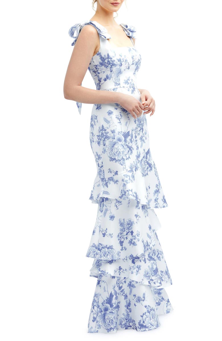 Dessy Collection Floral Print Ruffle Tie Strap Gown, Alternate, color, Cottage Rose-Larkspur Print