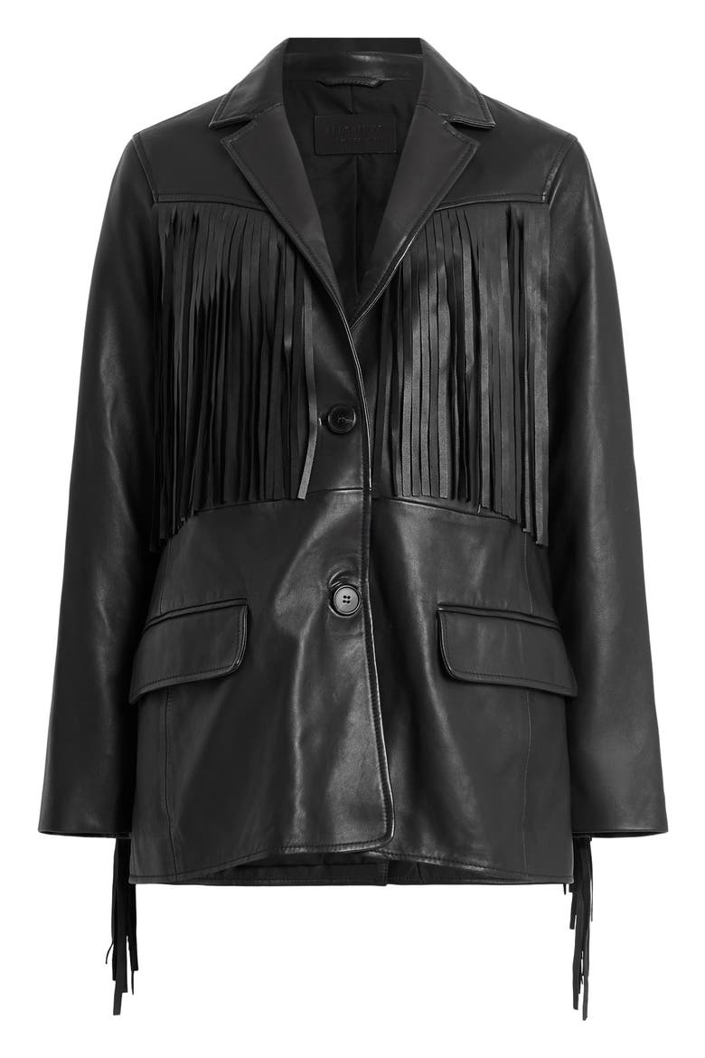 Corinna Fringe Leather Blazer, Alternate, color, BLACK