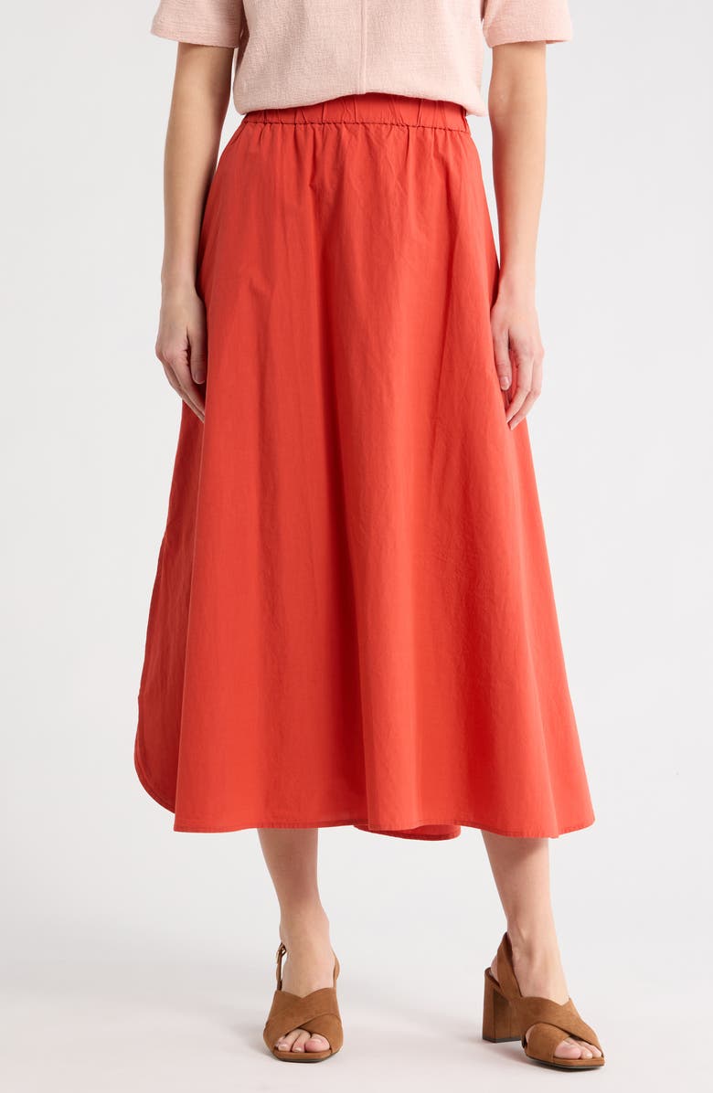 Eileen Fisher Curved Hem Organic Cotton Midi Skirt, Main, color, Tamarillo