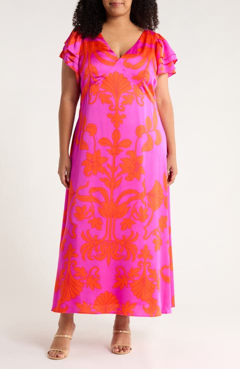 Vallie Floral Flutter Sleeve Satin Maxi Dress (Plus)