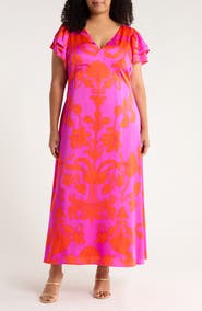 SUGARLIPS Vallie Floral Flutter Sleeve Satin Maxi Dress