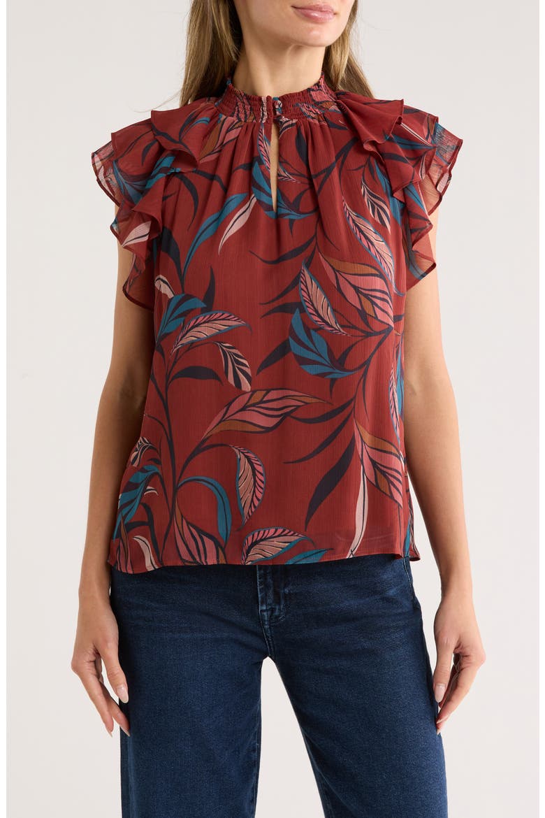 Mock Neck Ruffled Cap Sleeve Top, Main, color, CINNAMON