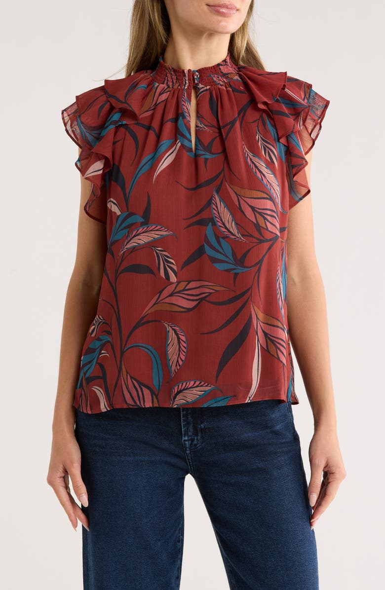 DR2 by Daniel Rainn Mock Neck Ruffled Cap Sleeve Top, Main, color, Cinnamon