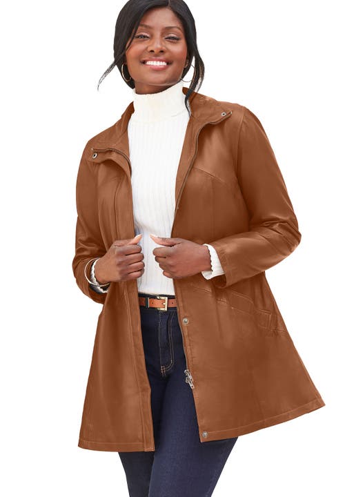Jessica London A-line Zip Front Leather Jacket In Brown