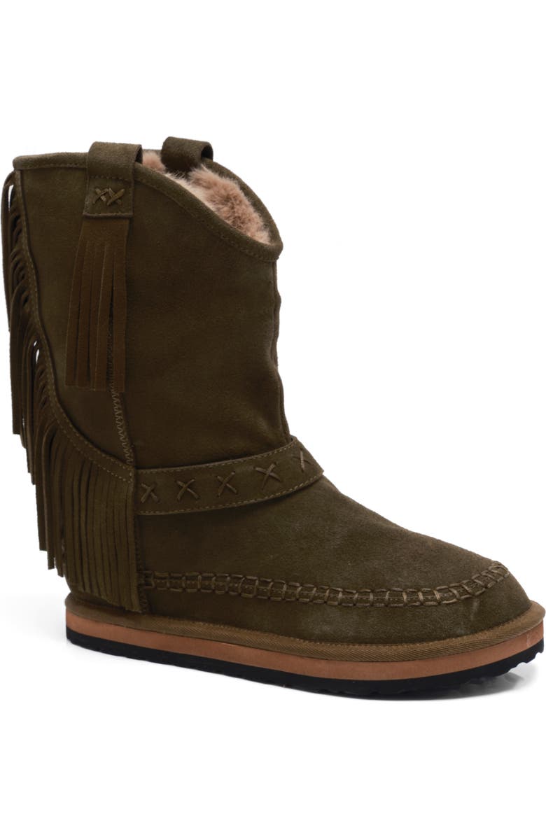 Free People Faye Fringe Faux Fur Boot, Main, color, Military Olive Suede