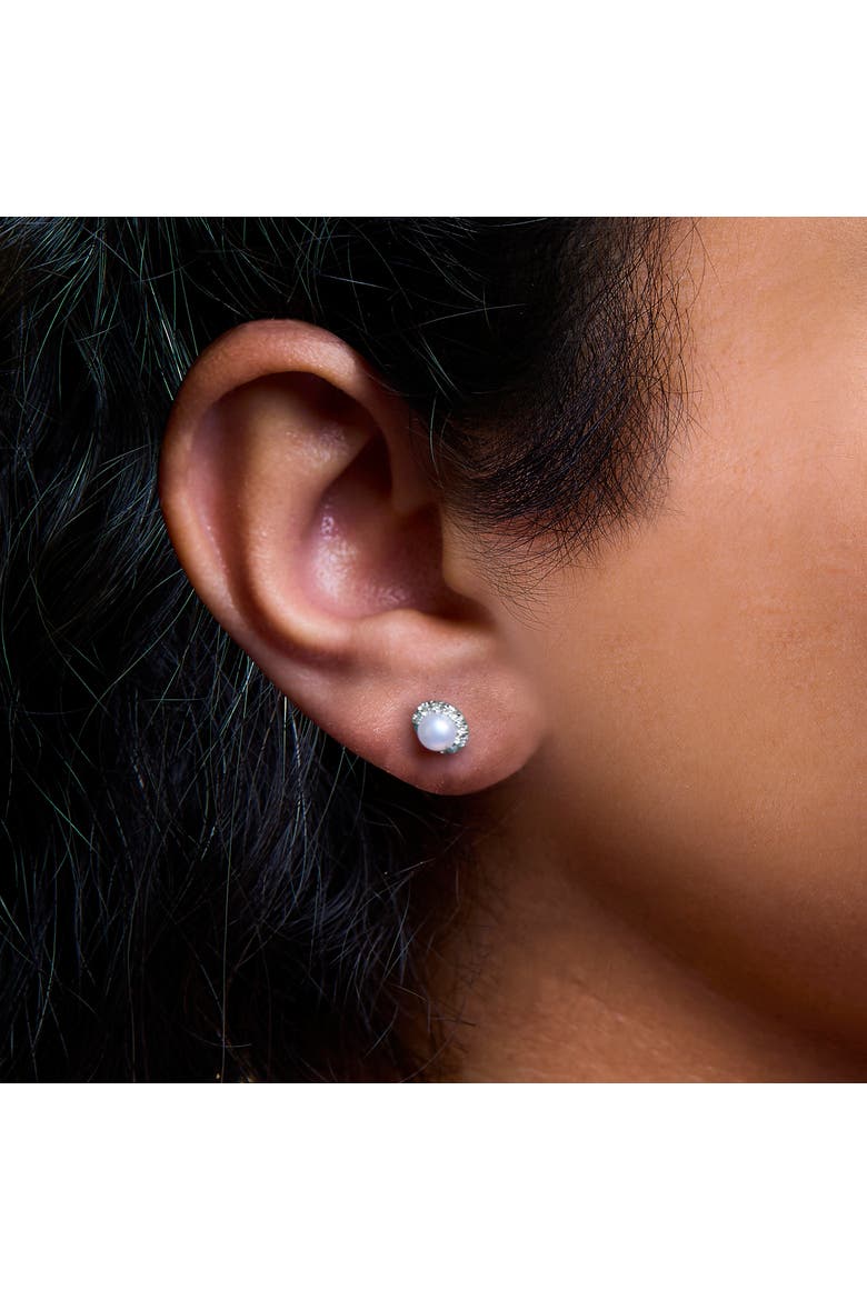 10K White Gold Pearl & 1/7 Cttw Diamond Halo Stud Earring, Alternate, color, White