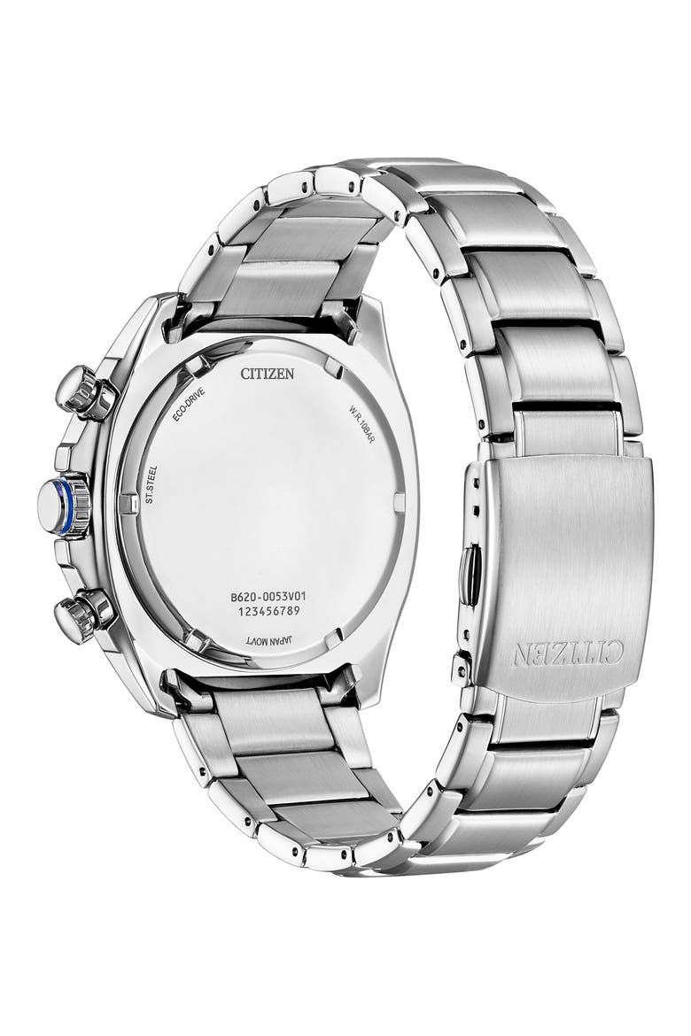 Eco Drive Chronograph Stainless Steel Bracelet Watch, 44mm, Alternate, color, SILVER/BLACK