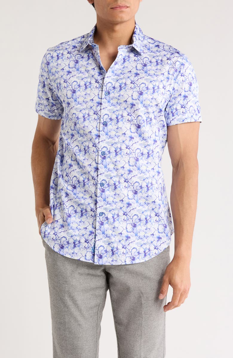 Robert Graham Short Sleeve Cotton Button-Up Shirt, Main, color, Blue